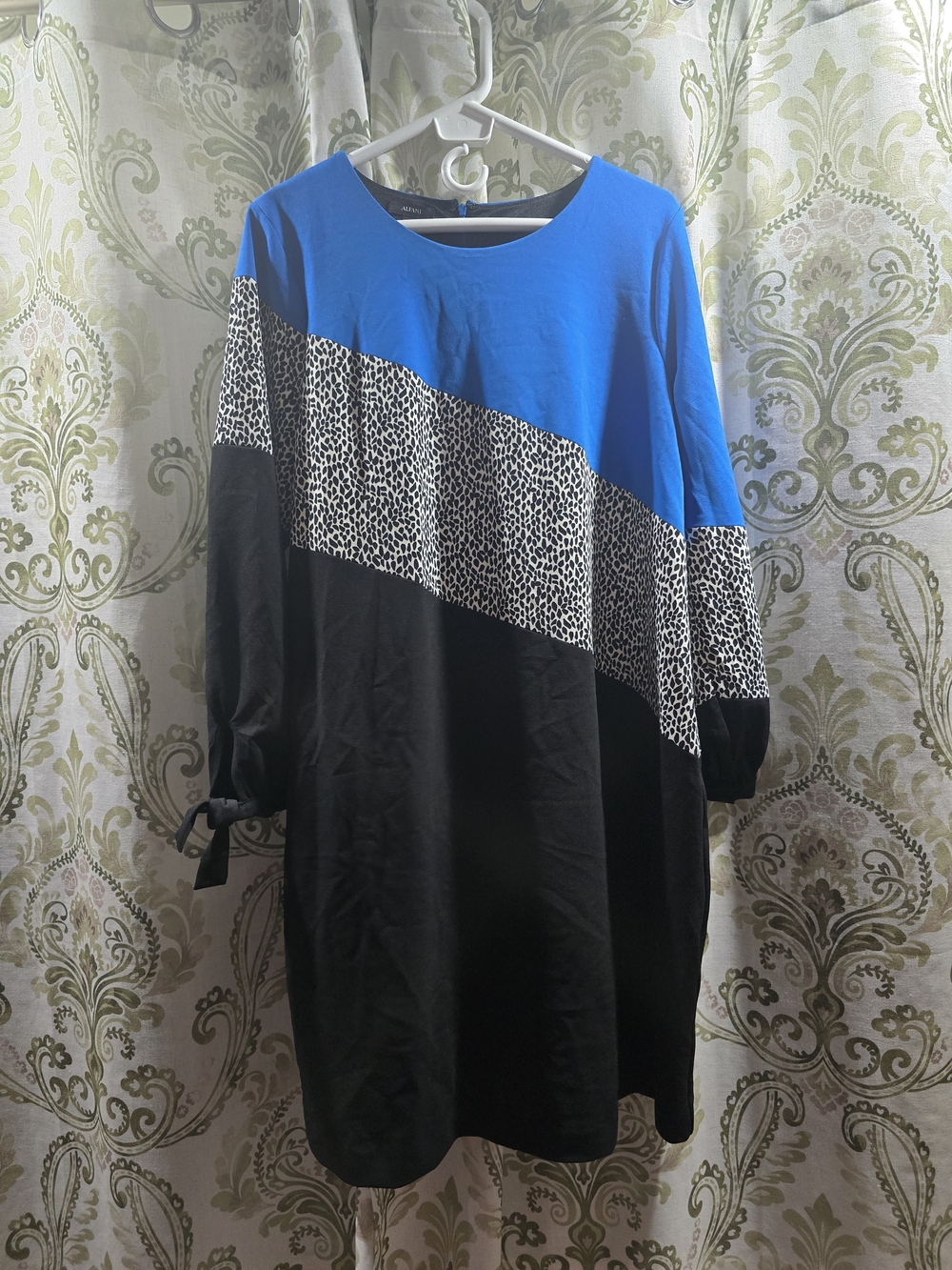 Alfani Blue and Black Long-Sleeve Colorblock Dress with Animal Print
